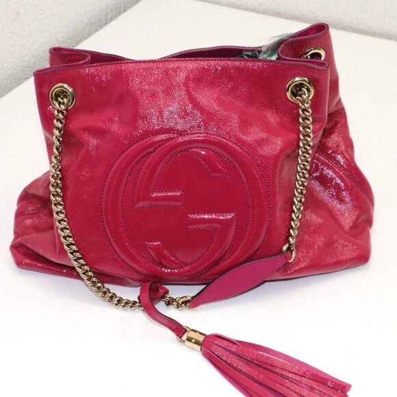 GUCCI Vernice Naplack Medium Soho Chain Shoulder Bag Bright Bouganville - Picture 7 of 14